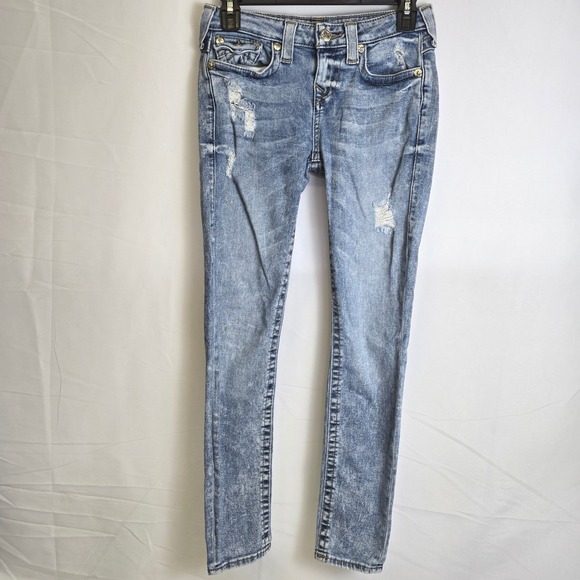 True Religion Denim - True Religion World Tour Super Skinny Distressed Jeans, Blue Acid Wash, Size 26